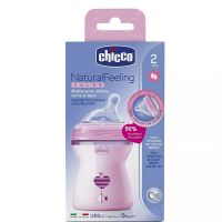Chicco Natural Feeling Πλαστικό Μπιμπερό με Θηλή Σιλικόνης Μέτριας Ροής Ροζ 2m+ 250ml 1τμχ