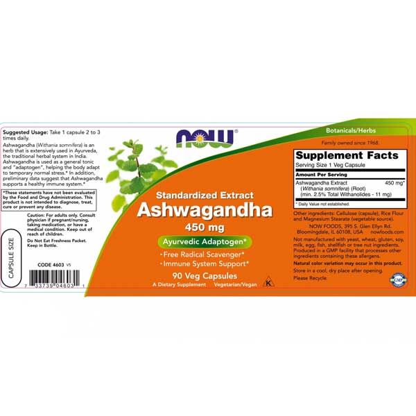 Now Foods Ashwagandha 450mg 90 Veg Capsules