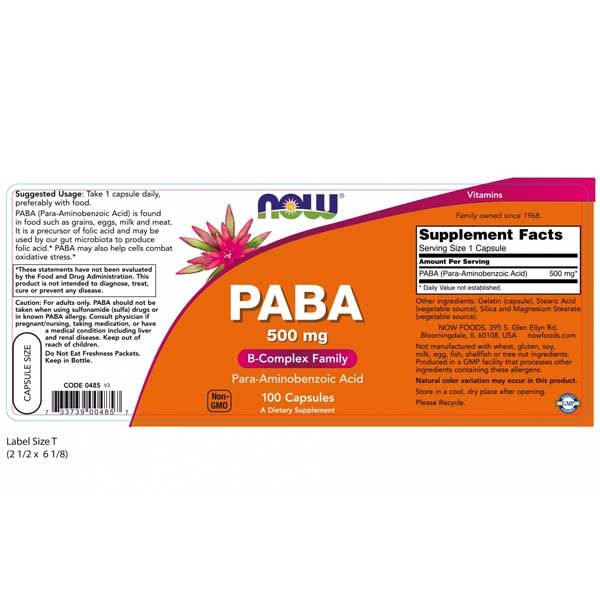 Now PABA 500mg 100 Capsules