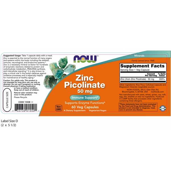 Now Zinc Picolinate 50mg 60 Veg Capsules