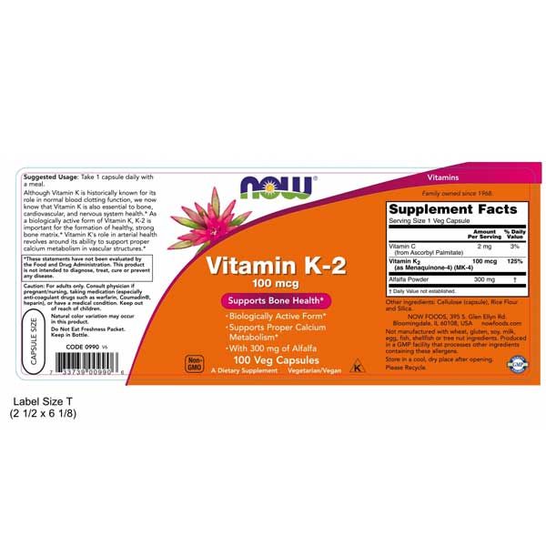 Now Vitamin K-2 100mcg 100 Veg Capsules
