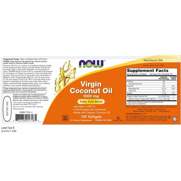 Now Virgin Coconut Oil 1000mg 120 Softgels