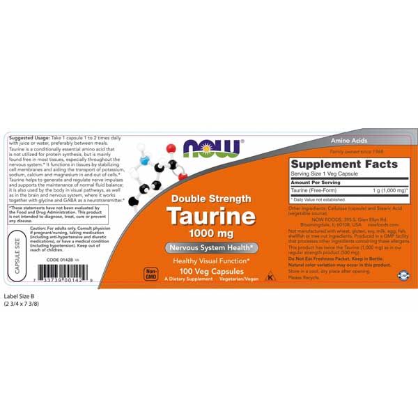 Now Double Strength Taurine 1000mg 100 Veg Capsules