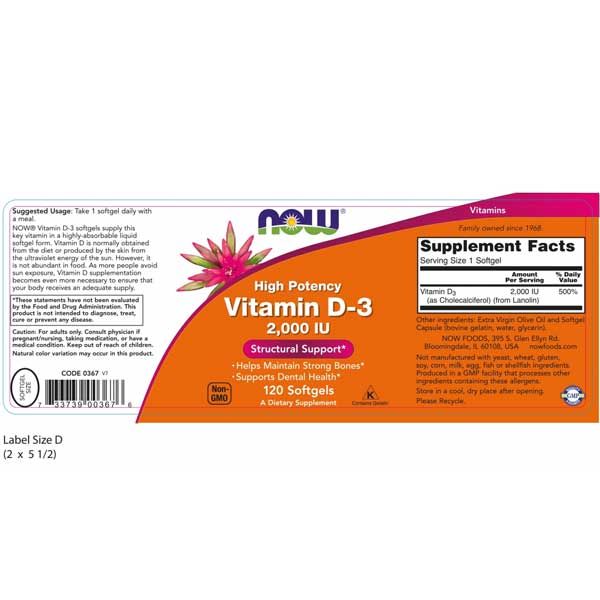 Now High Potency Vitamin D-3 2000IU 120 Softgels