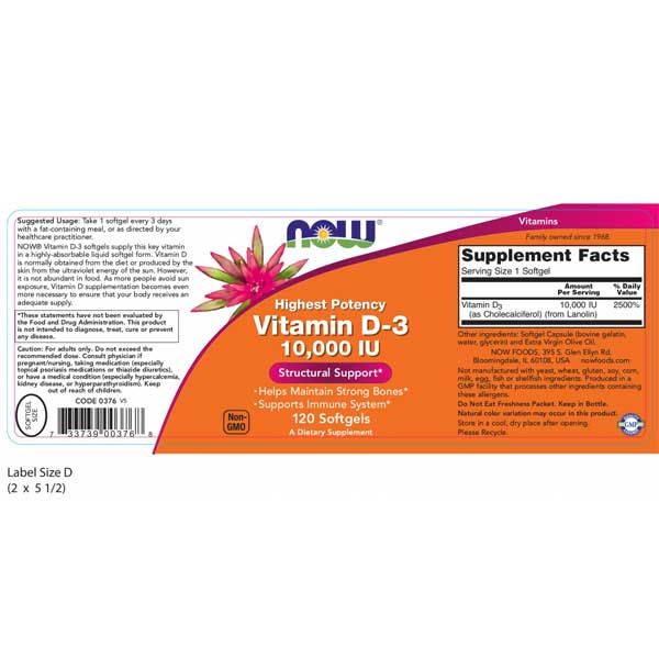 Now Highest Potency Vitamin D-3 10,000IU 120 Softgels