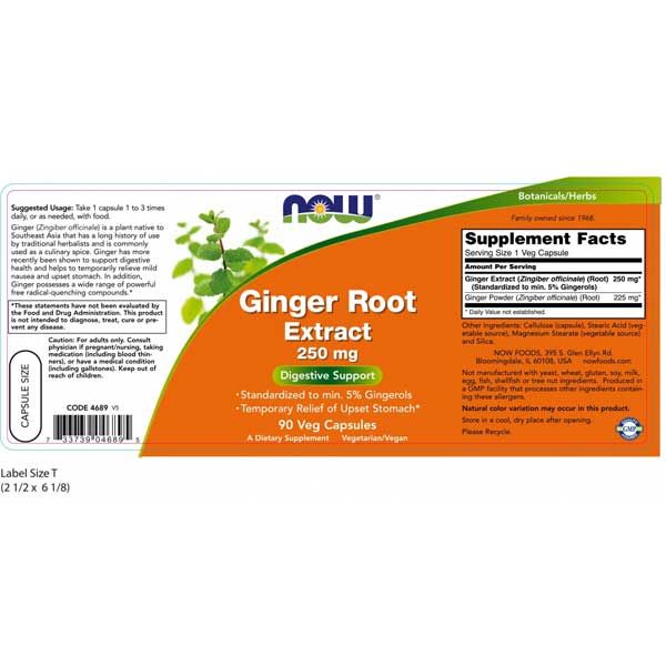 Now Ginger Root Extract 250mg 90 Veg Capsules