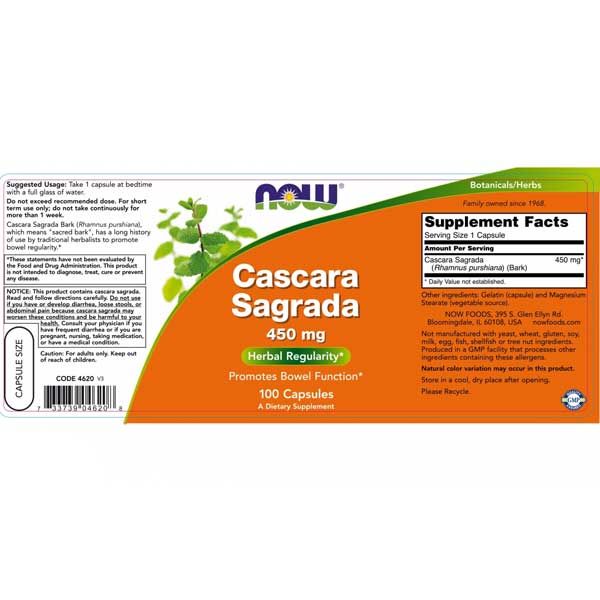 Now Cascara Sagrada 450mg 100 Capsules