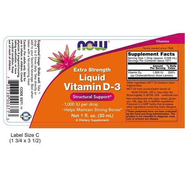 Now Extra Strength Liquid Vitamin D-3 1000IU 30ml