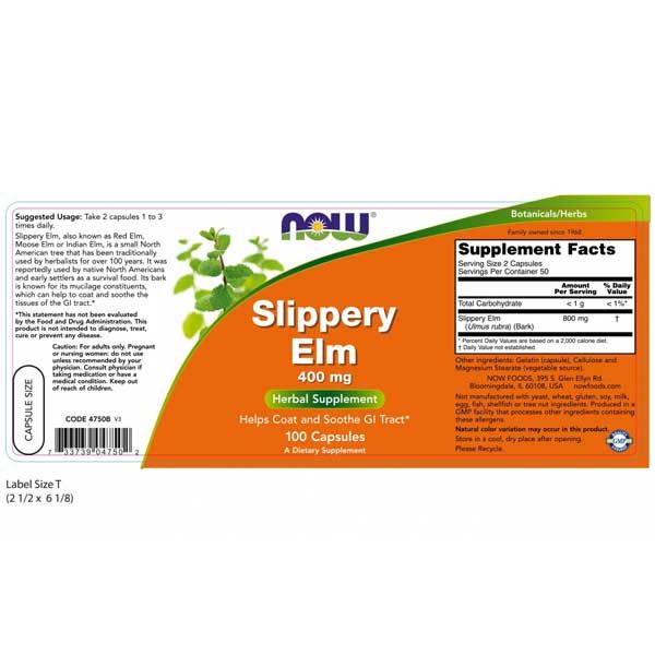 Now Slippery Elm 400mg 100 Capsules