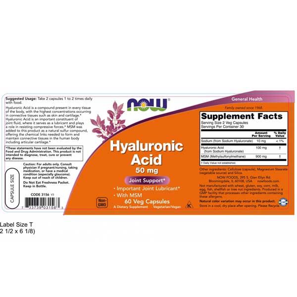Now Hyaluronic Acid 50mg 60 Veg Capsules