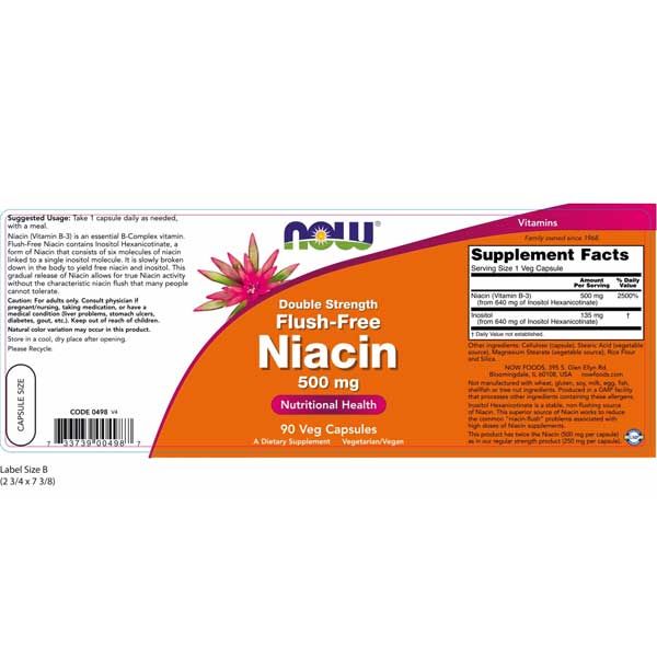 Now Double Strength Flush-Free Niacin 500mg 90 Veg Capsules