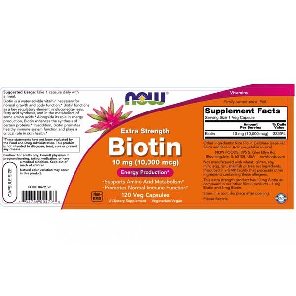 Now Extra Strength Biotin 10mg (10,000mcg) 120 Veg Capsules