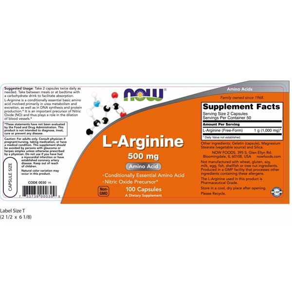 Now Foods L-Arginine 500mg 100 Capsules