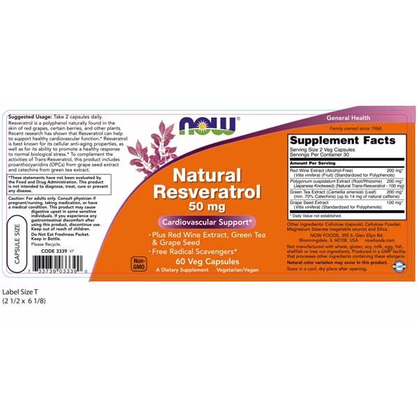 Now Natural Resveratrol 50mg 60 Veg Capsules