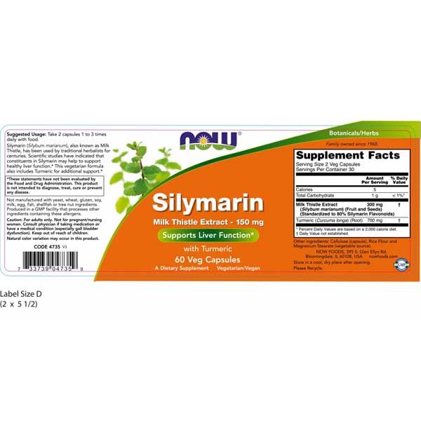 Now Silymarin Milk Thistle Extract 150mg 60 Veg Capsules