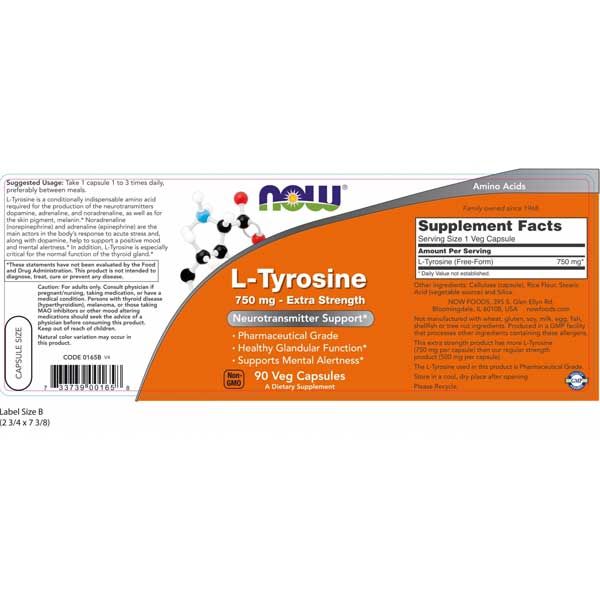 Now L-Tyrosine 750mg Extra Strength 90 Veg Capsules