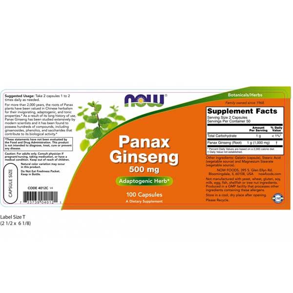 Now Panax Ginseng 500mg 100 Capsules
