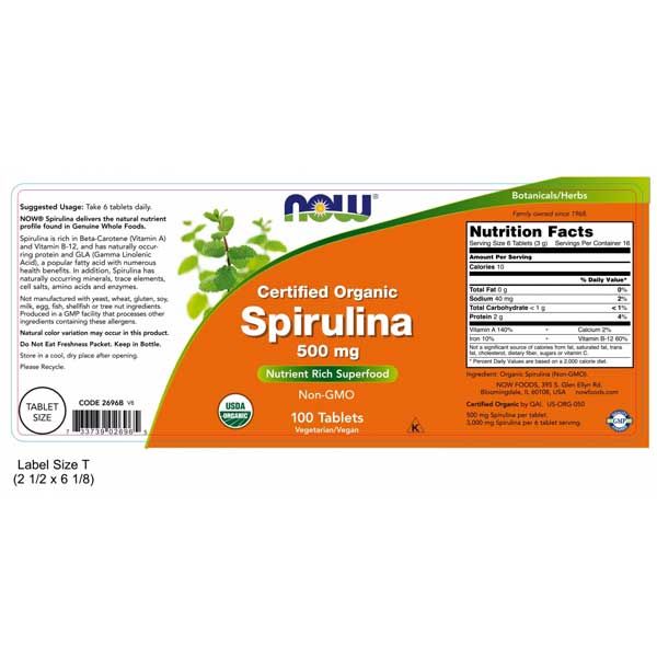 Now Certified Organic Spirulina 500mg 100 Tablets