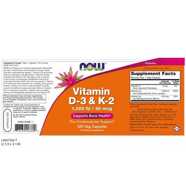 Now Vitamin D-3 & K-2 1000IU 45mcg 120 Veg Capsules