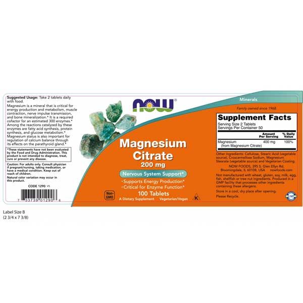 Now Magnesium Citrate 200mg 100 Tablets