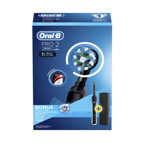 Oral-B Pro 2 2500 Επαναφορτιζόμενη Ηλεκτρική Οδοντόβουρτσα Black Edition Με Bonus Θήκη Ταξιδίου