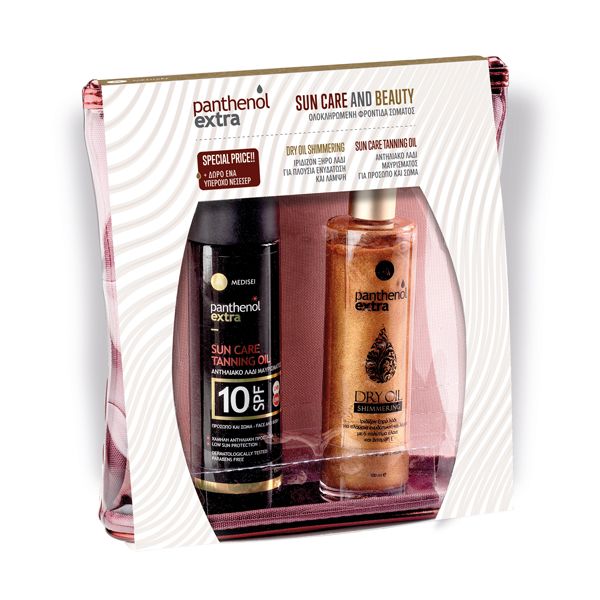 Panthenol Extra Set Dry Oil Shimmering For Face/ Body/ Hair 100ml & Sun Care Tanning Oil Spf10 150ml
