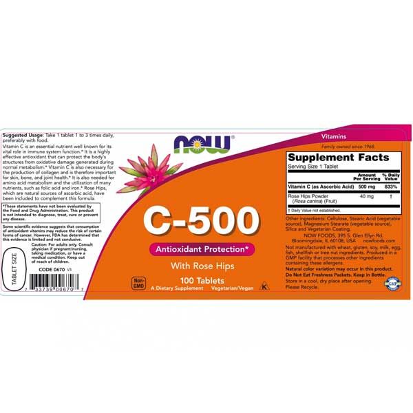 Now C-500 With Rose Hips 100 Tablets