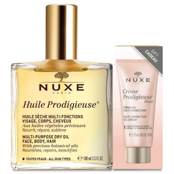 Nuxe Set Huile Prodigieuse Multi-use Dry Moisturizing Oil For Face/Body & Hair 100ml & Gift Creme Prodigieuse Boost Multi Correction 15ml