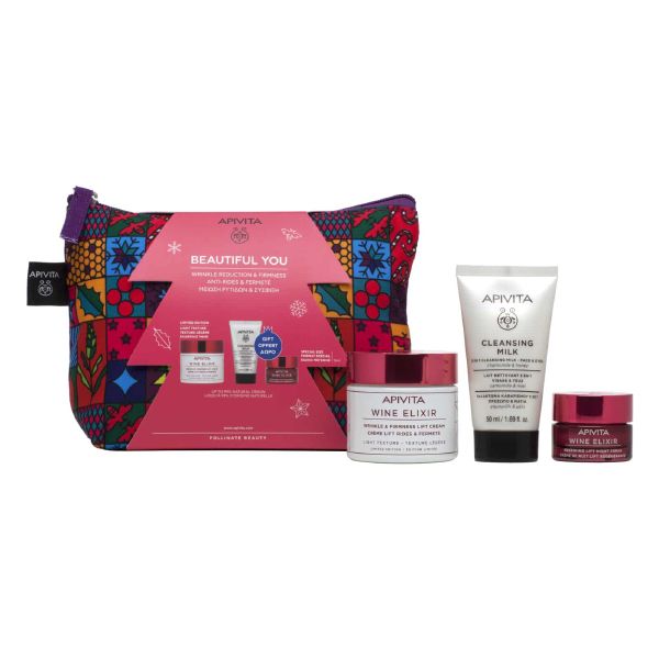 Apivita Beautiful You Wine Elixir Set with Wrinkle and Firmness Lift Cream Light 50 ml and Gift 2 Mini Products In a Pouch