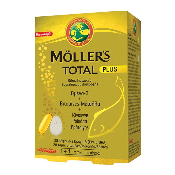 Moller's Total Plus Dietary Supplement with Omega 3, Vitamins, Minerals & 3 Reputable Herbs 28+ 28caps