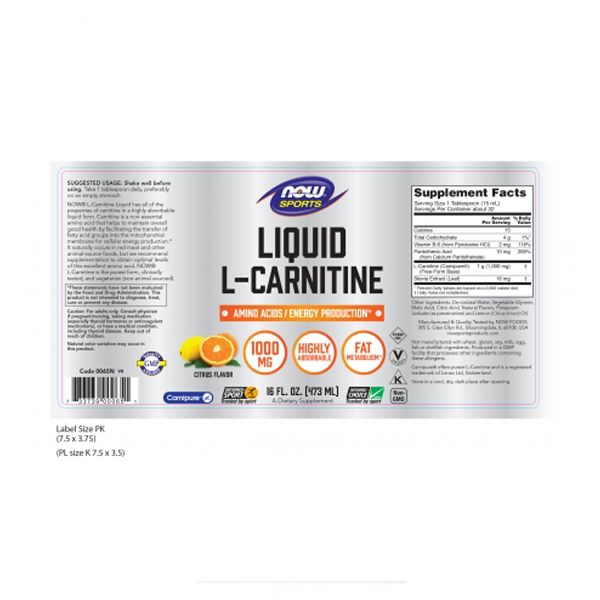 Now Sports L-Carnitine Liquid 1000mg Citrus Flavor 473ml