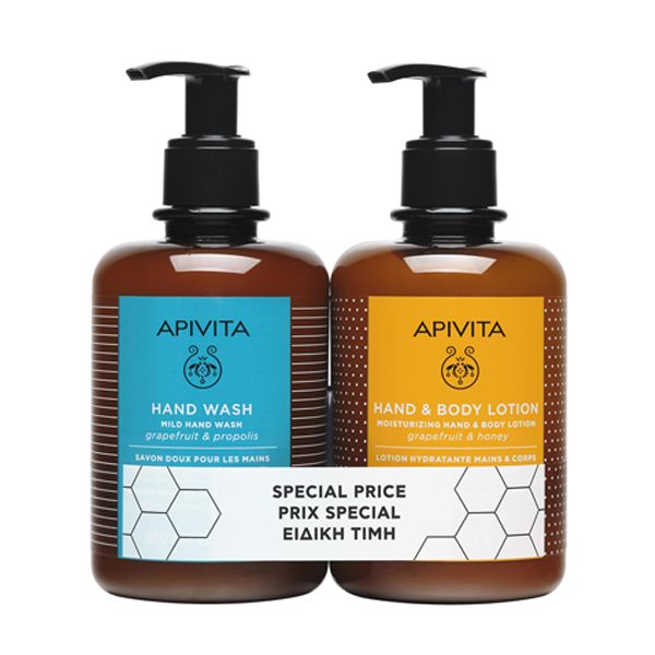 Apivita Set with Mild Hand Wash with Grapefruit and Propolis 300 ml and Moisturizing Hand and Body Lotion with Grapefruit and Honey 300 ml at Special Price