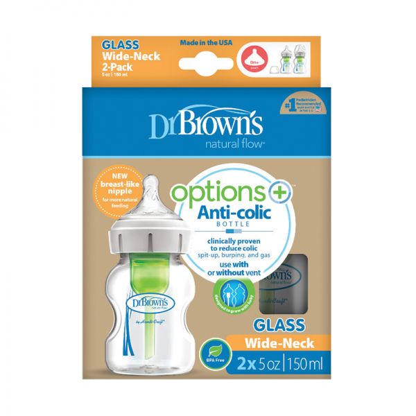 Dr. Brown's Options+ Anti-Colic (WB52700) Glass Baby Bottle Wide-Neck 0m+ 2x150ml