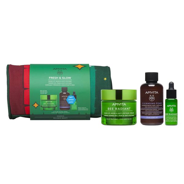 Apivita Fresh & Glow Set με Bee Radiant Κρέμα Προσώπου Πλούσιας Υφής για Σημάδια Αντιγήρανσης & Ξεκούραστη Όψη 50ml & Δώρο Ορός Ενεργοποίησης Λάμψης για Ξεκούραστη Όψη 10ml & Κρεμώδης Αφρός Καθαρισμού Προσώπου με Ελιά & Λεβάντα 75ml Travel Size