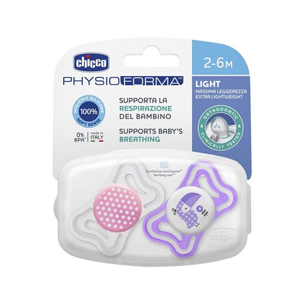 Chicco Physio Forma Light Πιπίλα Νύχτας με Θηλή Σιλικόνης Ροζ 2-6m 2τμχ