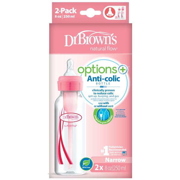 Dr. Brown's Options+ Anti-Colic (SB 82305) Πλαστικό Μπιμπερό με Στενό Λαιμό Ρόζ 0m+ 250ml 2τμχ