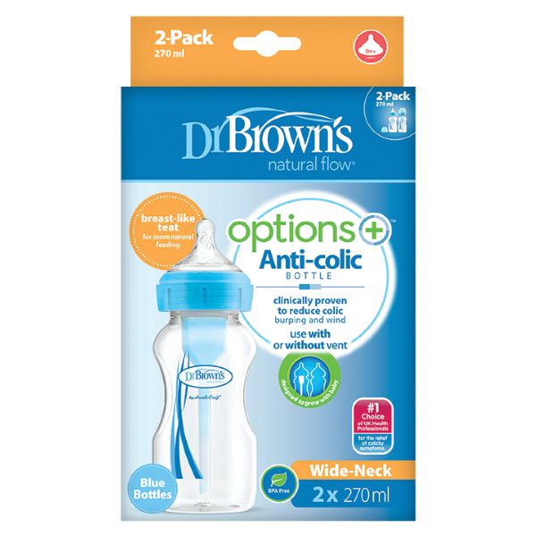 Dr. Brown's Options+ Anti-Colic (WB92602) Πλαστικό Μπιμπερό με Φαρδύ Λαιμό Μπλέ 0m+ 270ml 2τμχ