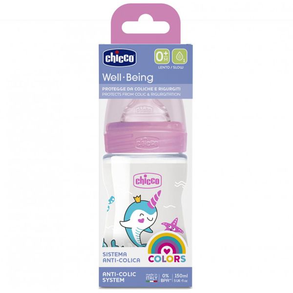 Chicco Well-Being Πλαστικό Μπιμπερό με Θηλή Σιλικόνης Αργής Ροής Ροζ 0m+ 150ml