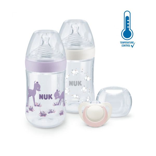 Nuk Nature Sense Twin Set Πλαστικών Μπιμπερό με Δείκτη Ελέγχου Θερμοκρασίας με Θηλή Σιλικόνης Μεγέθους Μ 260ml & Πιπίλα Σιλικόνης Μεγέθους S 0-6m "Λιλά" 4τμχ