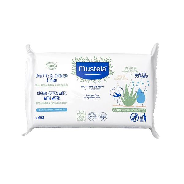 Mustela Organic Cotton Wipes with Water Μωρομάντηλα Καθαρισμού με Οργανικό Βαμβάκι & Νερό 60τμχ