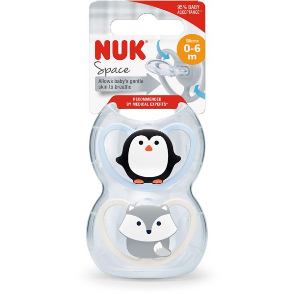 Nuk Animals Space Πιπίλα Σιλικόνης 0-6m (Διάφορα Χρώματα & Σχέδια) 2τμχ