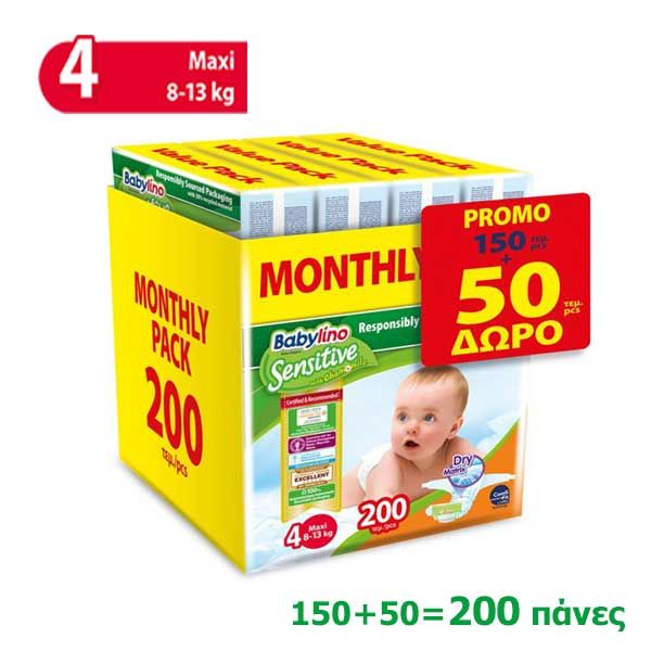 Babylino Sensitive Monthly Pack No4 8-13kg 150pcs + 50pcs Gift