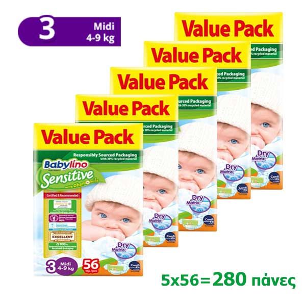 Babylino Sensitive Midi Value Pack No3 4-9kg 5x56pcs
