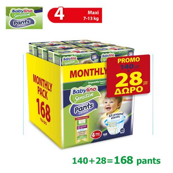 Babylino Sensitive Pants Unisex Monthly Pack Maxi No4 7-13kg 140pcs + 28pcs Gift