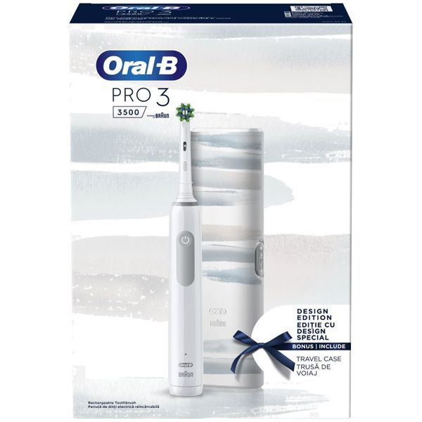 Oral-B Pro 3 3500 Επαναφορτιζόμενη Ηλεκτρική Οδοντόβουρτσα White Design Edition με Δώρο Θήκη Ταξιδίου