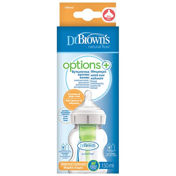 Dr. Brown's Options+ Anti-Colic (WB 51600) Πλαστικό Μπιμπερό με Φαρδύ Λαιμό 0m+ 150ml 1τμχ