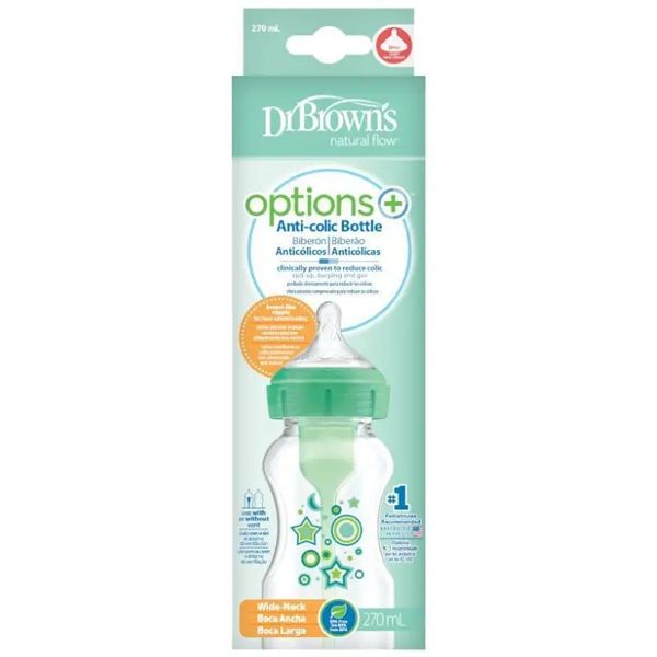 Dr. Brown's Options+ Anti-Colic Πλαστικό Μπιμπερό με Φαρδύ Λαιμό 0m+ Πράσινο 270ml 1τμχ