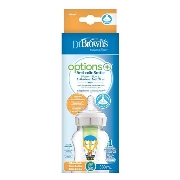 Dr. Brown's Options+ Anti-Colic Πλαστικό Μπιμπερό με Φαρδύ Λαιμό Λαγουδάκι 3m+ 330 ml