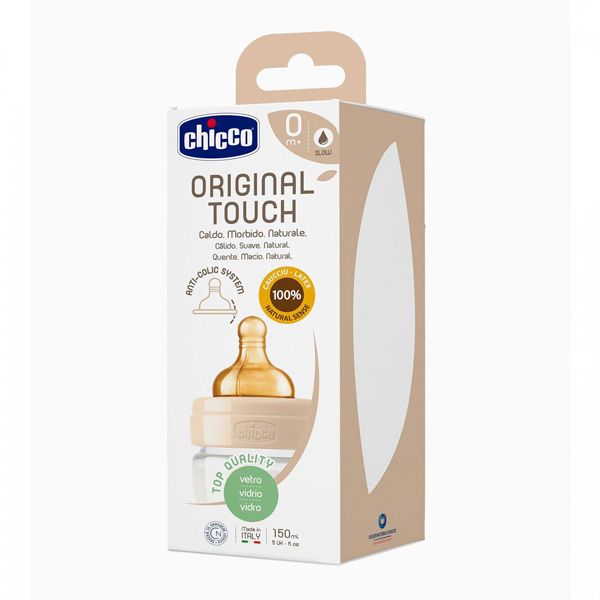 Chicco Original Touch Γυάλινο Μπιμπερό Με Θηλή Καουτσούκ Αργής Ροής 0m+ 150ml