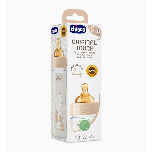 Chicco Original Touch Γυάλινο Μπιμπερό με Θηλή Καουτσούκ Αργής Ροής 0m+ 240ml